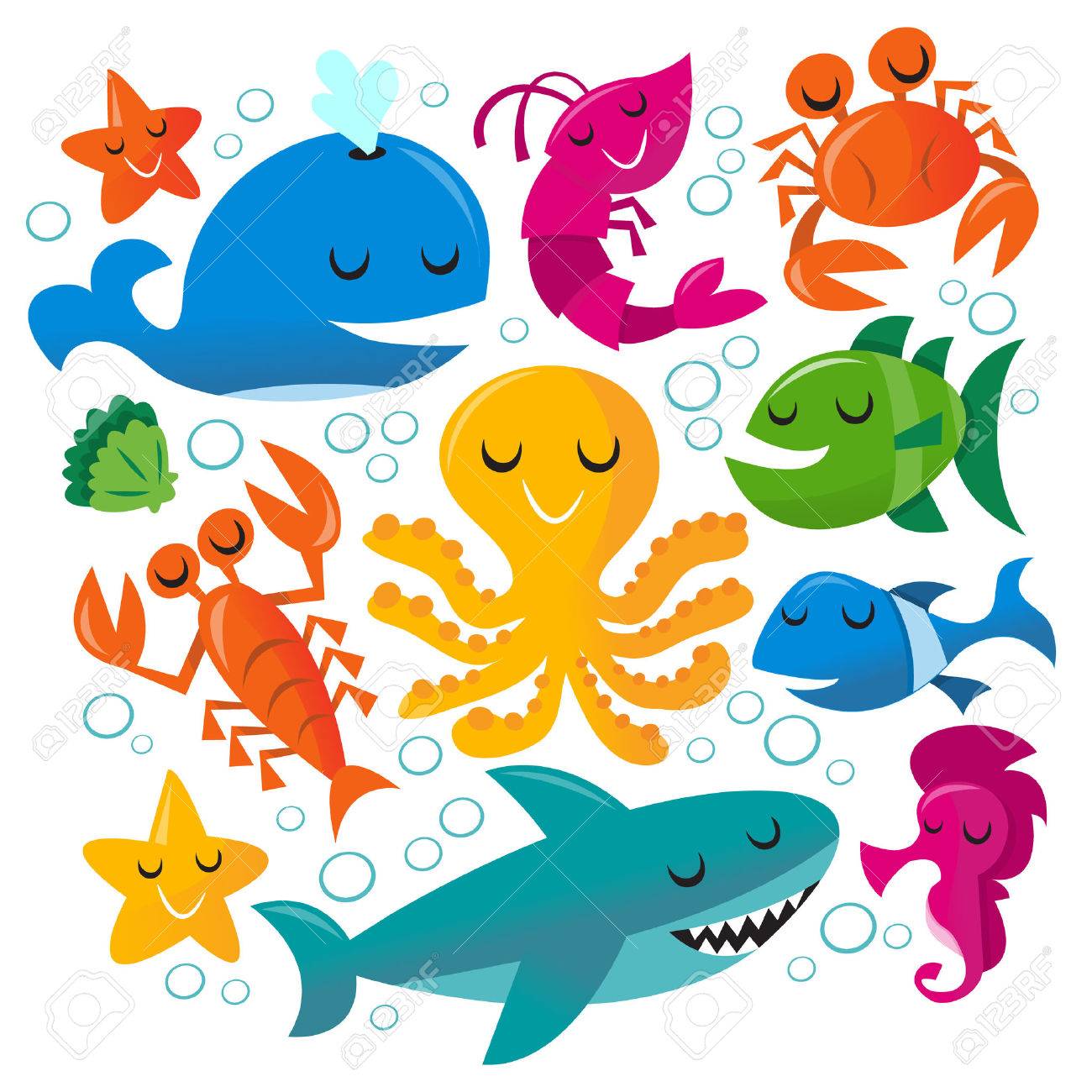この画像は幸せな楽しいのベクトル イラスト漫画の海の生き物のセット シロナガスクジラ ピンク エビ 海老オレンジ カニ 緑の魚 青魚 ピンクのタツノオトシゴ ブルー グリーン シャーク 黄色タコ オレンジのロブスター 緑貝や Tw が含まれます のイラスト素材