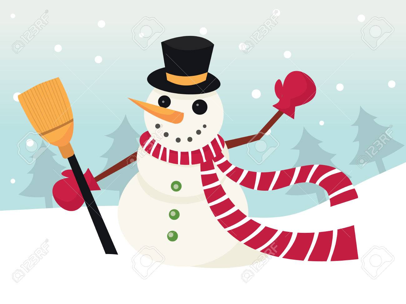 ほうきを持っていると冬の風景のストライプ マフラー ミトンと帽子を着てかわいいスマイリー雪だるまのベクトル イラスト のイラスト素材 ベクタ Image ほうきを持っていると冬の風景のストライプ マフラー ミトンと帽子を着てかわいいスマイリー雪だるまのベクトル イラスト のイラスト素材 ベクタ Image