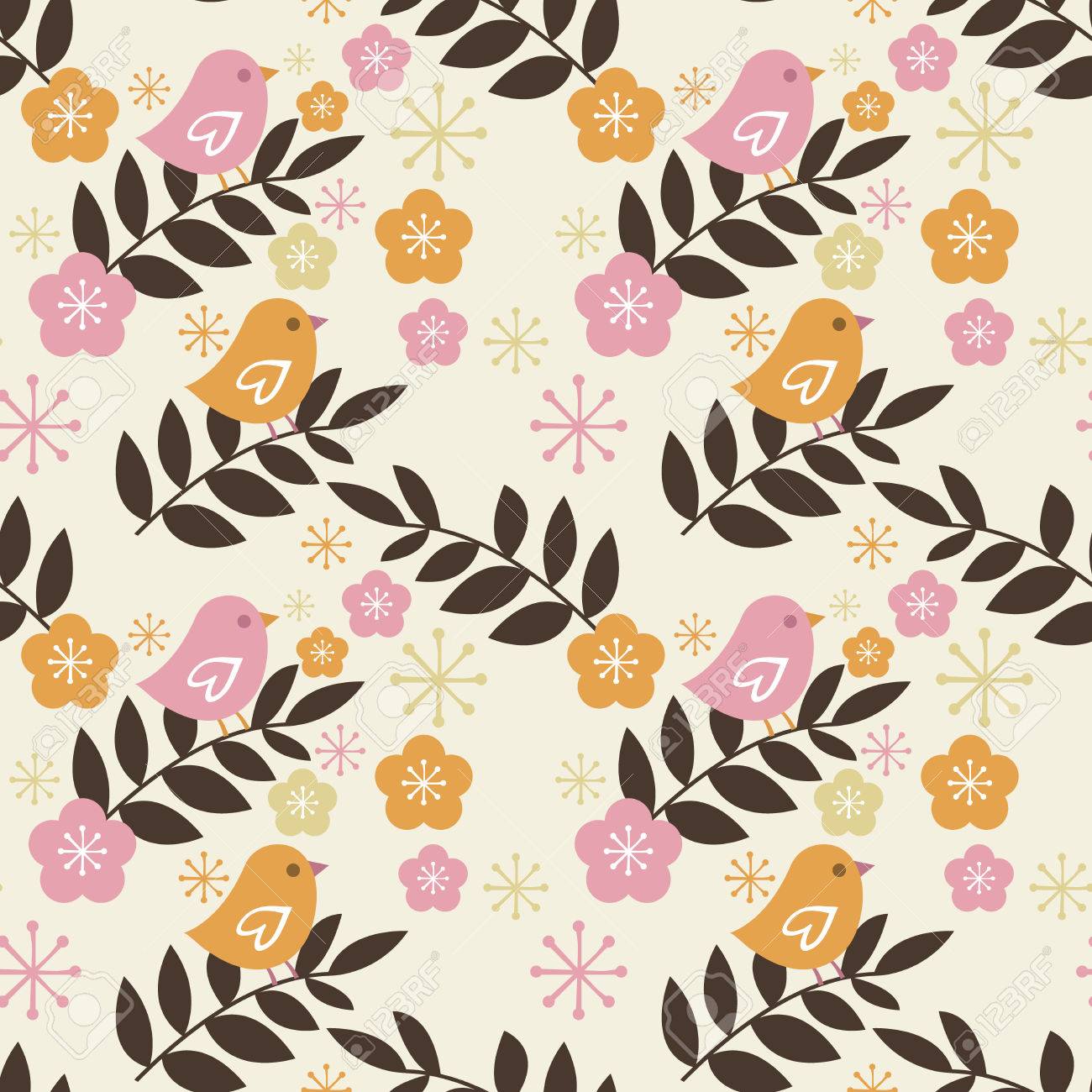 レトロな鳥と桜のシームレスなパターン背景のベクトル イラスト のイラスト素材 ベクタ Image