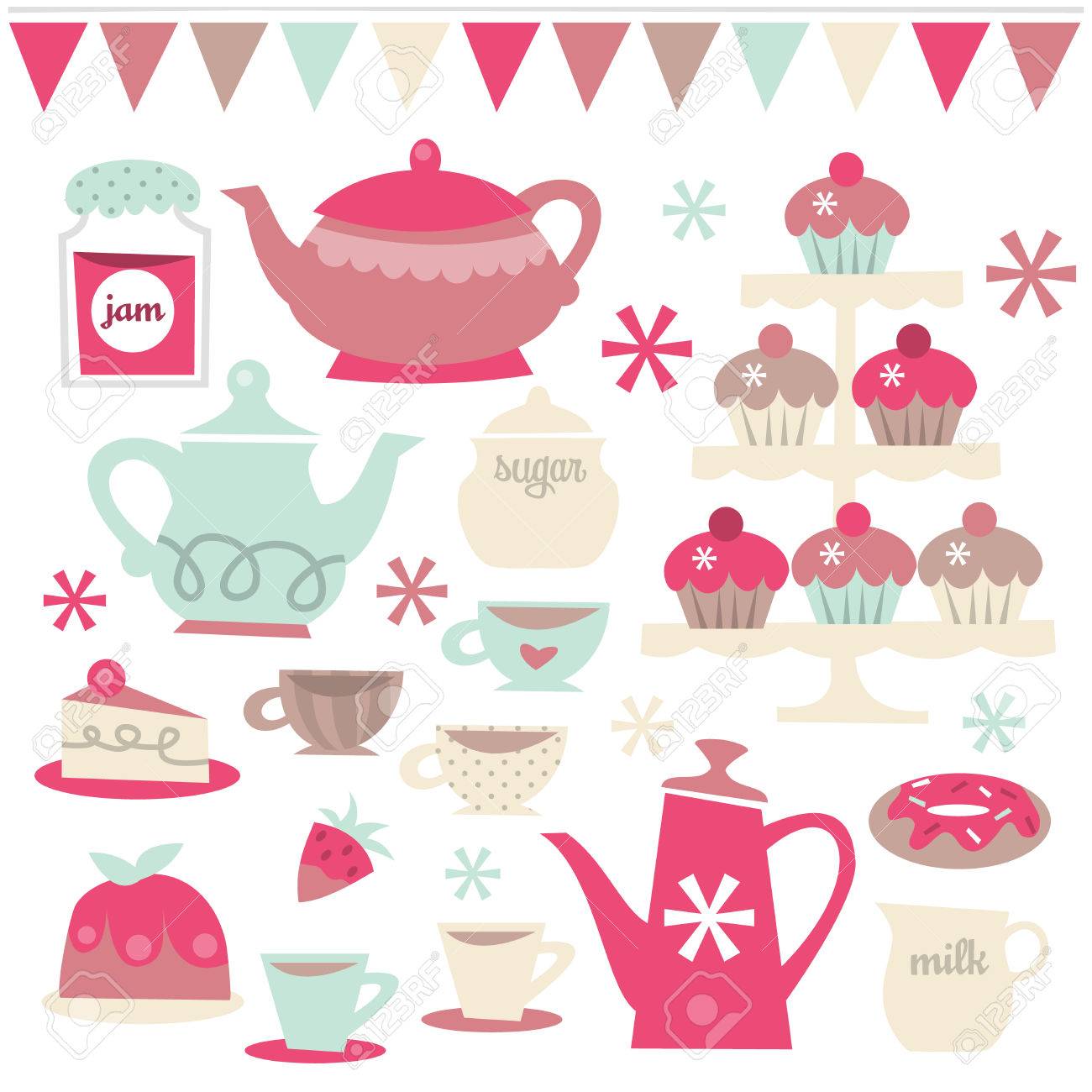 ベクトル図は レトロなティー パーティー テーマ デザイン要素のセット このセットに含まれている ティーポット ティー カップ ソーサー カップケーキ ケーキ ジャム のイラスト素材 ベクタ Image