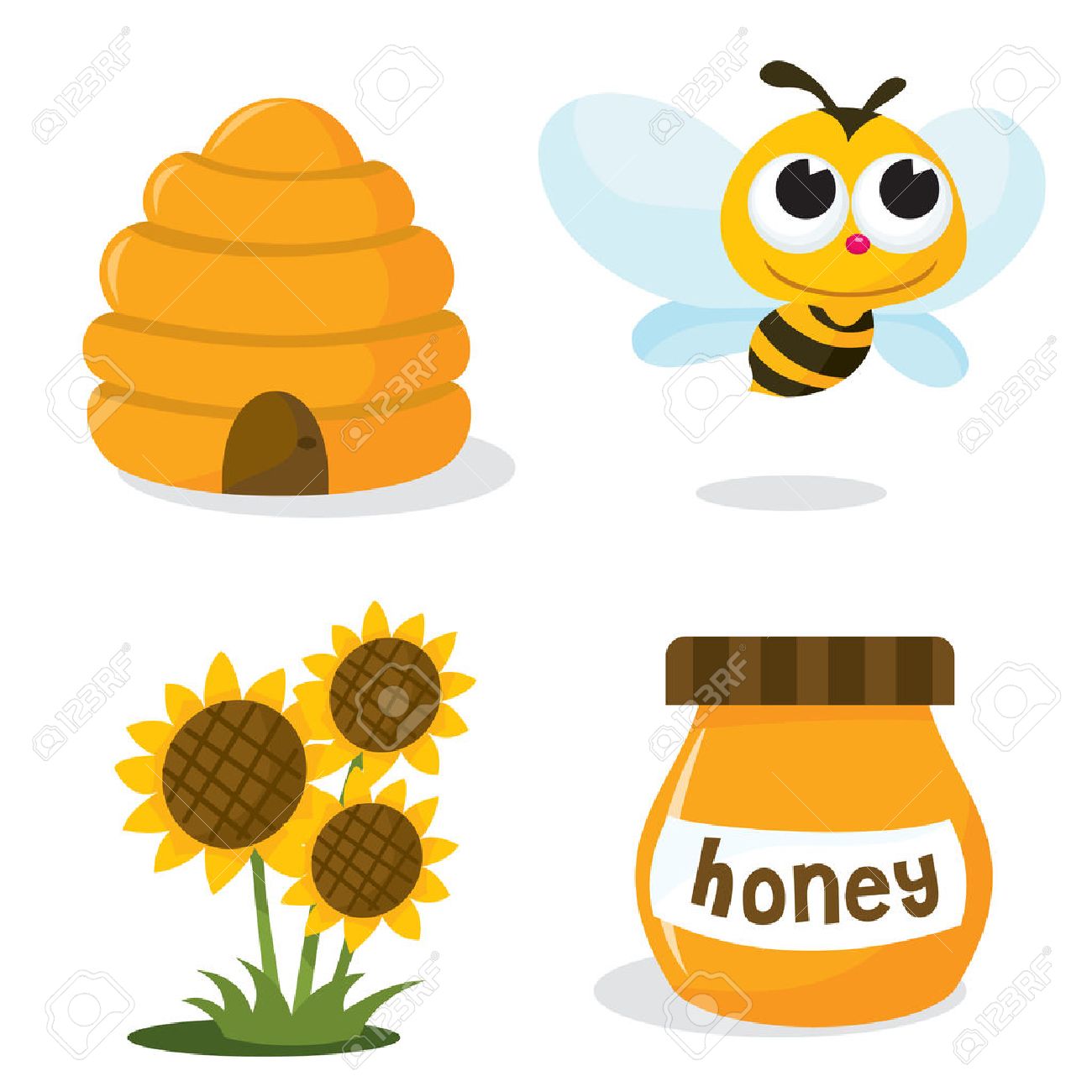 Ein Vektor Illustration Reihe Von Honigbiene Verbundene Symbole Wie Gluckliche Biene Bienenstock Honigglas Und Sonnenblumen Lizenzfrei Nutzbare Vektorgrafiken Clip Arts Illustrationen Image