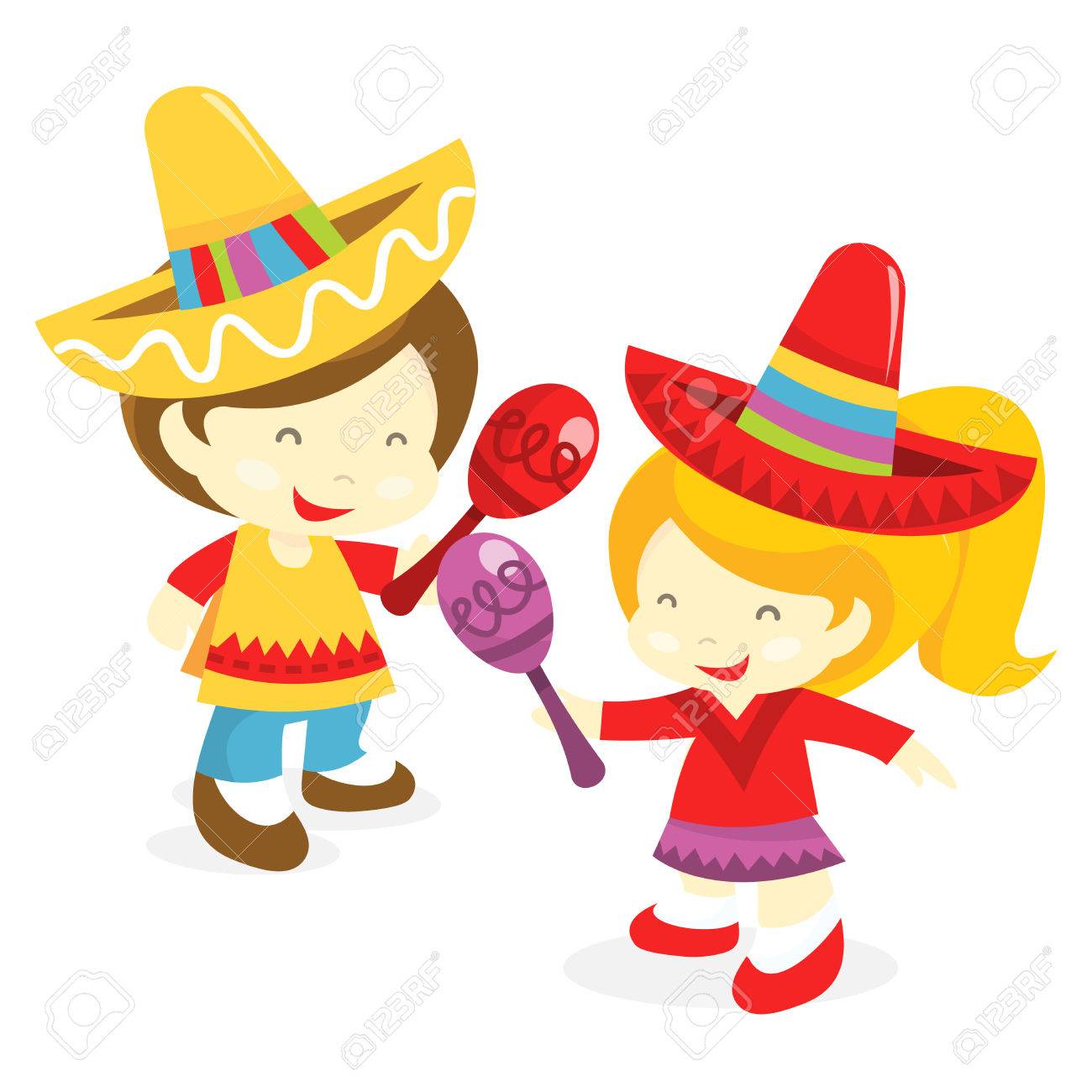 男の子と女の子を身に着けている幸せなメキシコの衣装の漫画のベクトル イラスト のイラスト素材 ベクタ Image