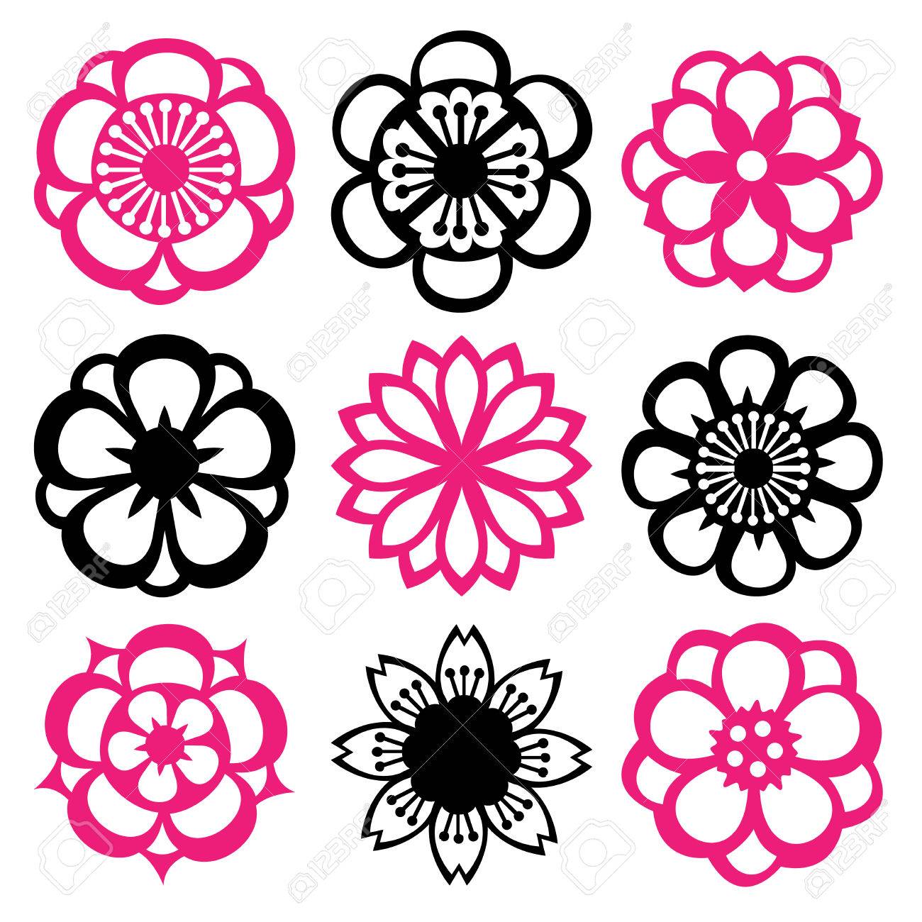 日本の切り紙アートに触発さ 9 の異なる花細工のベクター イラストです のイラスト素材 ベクタ Image