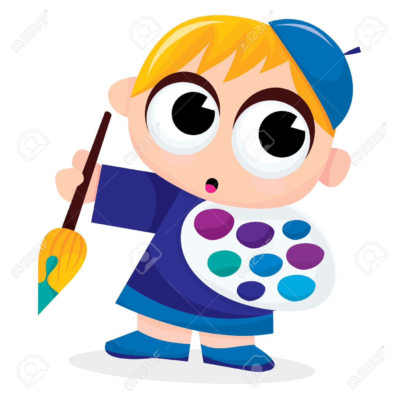 A Cute Cartoon Artist Boy With Big Paint Brush And Paint Palette