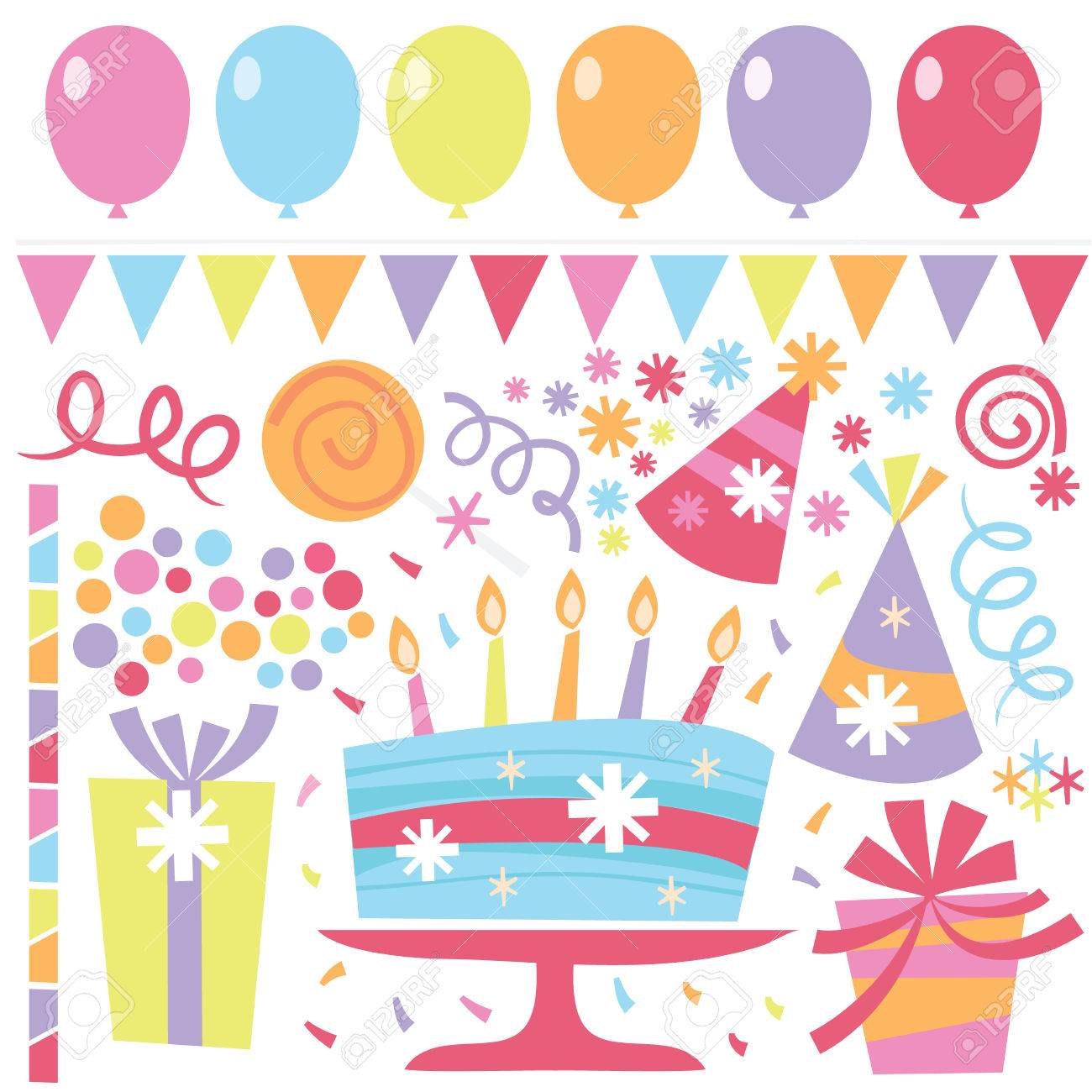 a vector illustration of retro birthday clip arts like balloons