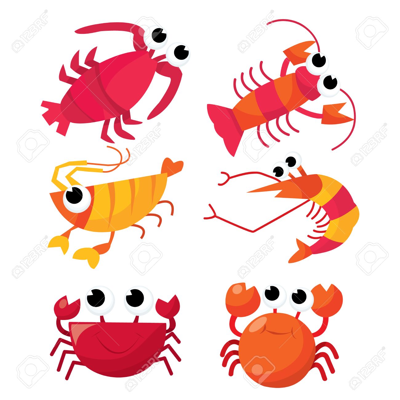 A Cartoon Vector Illustration Of A Set Of Six Cute Crustacean Shrimps Crabs And Lobster Royalty Free Cliparts Vectors And Stock Illustration Image
