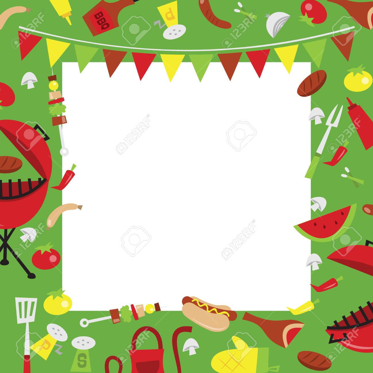 レトロな夏のバーベキュー パーティーの背景のベクトル イラスト 画像は ホットドッグ 調味料 バーベキュー 肉のような党の要素でいっぱいです コピーのための中間に白い正方形の背景があります のイラスト素材 ベクタ Image