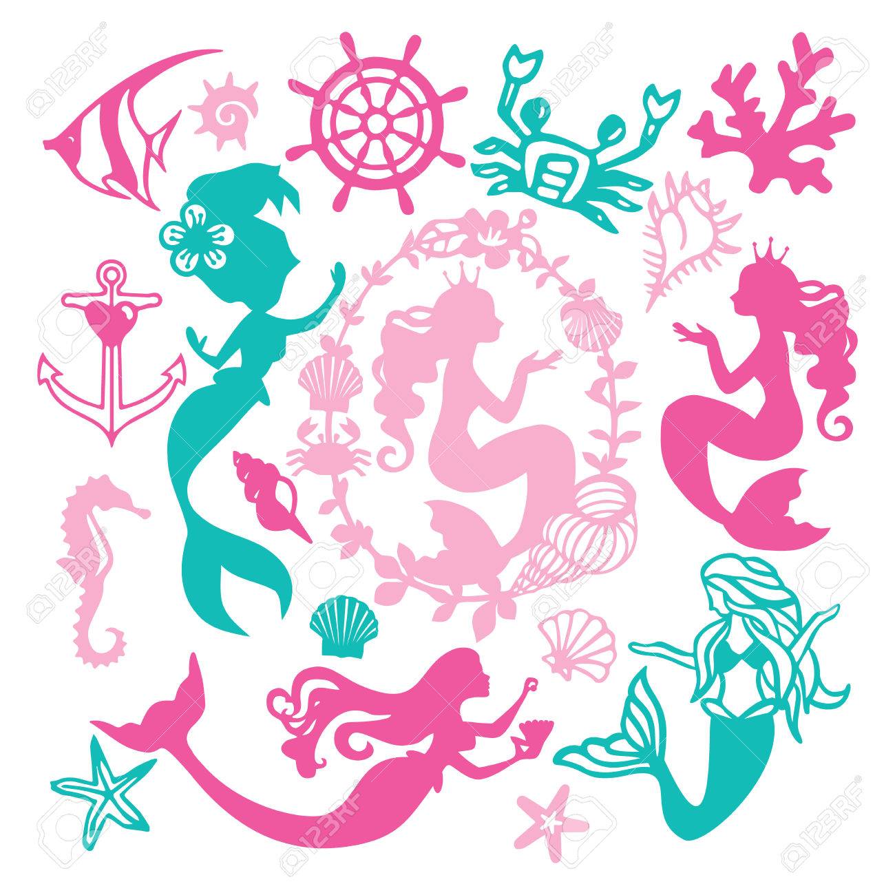 各種の紙のベクトル イラスト カット シルエット ビンテージ マーメイド航海人魚 水中動物 貝殻 サンゴのような設定です のイラスト素材 ベクタ Image