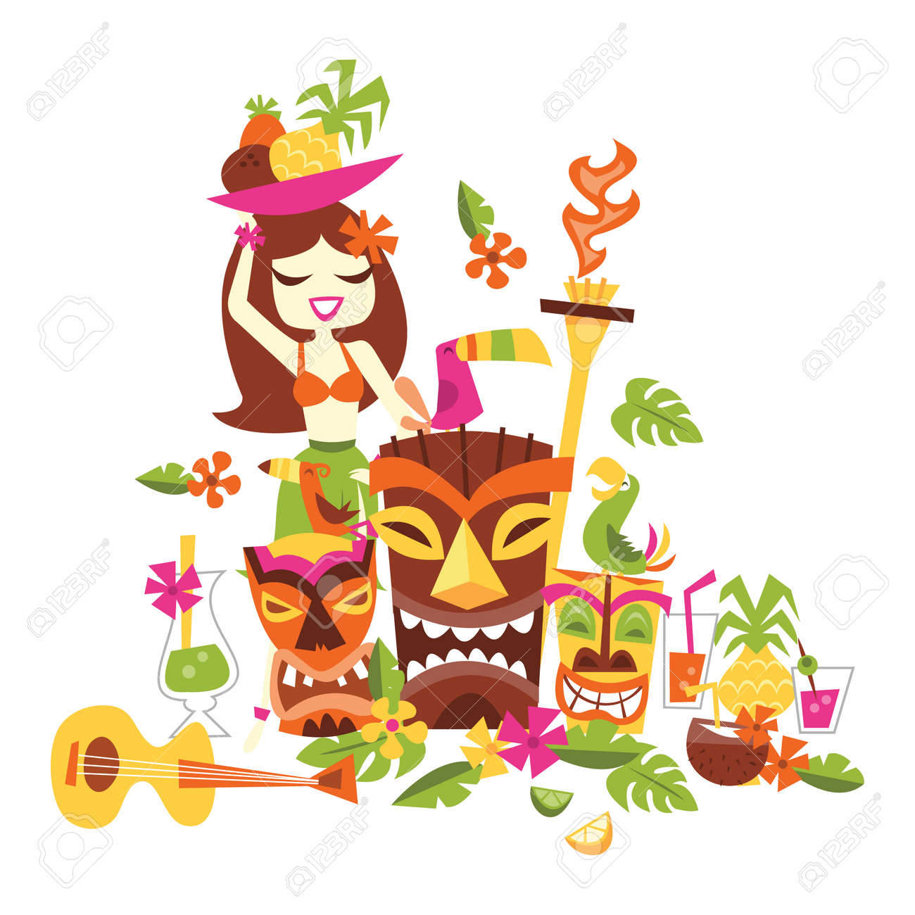 A Cartoon Vector Illustration Of Retro Hawaiian Tiki Luau Party. Royalty  Free SVG, Cliparts, Vectors, and Stock Illustration. Image 187494450., image size:1300x1300