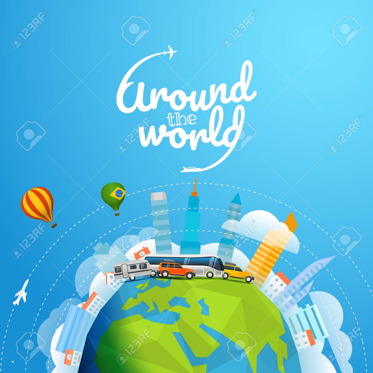 Around The World Tour By Different Vehicle Travel Concept Vector Royalty Free Cliparts Vectors And Stock Illustration Image