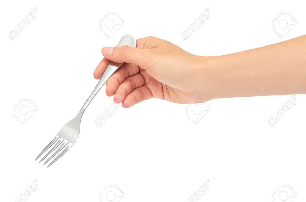 Female Hands Hold A Fork. Isolated On 
