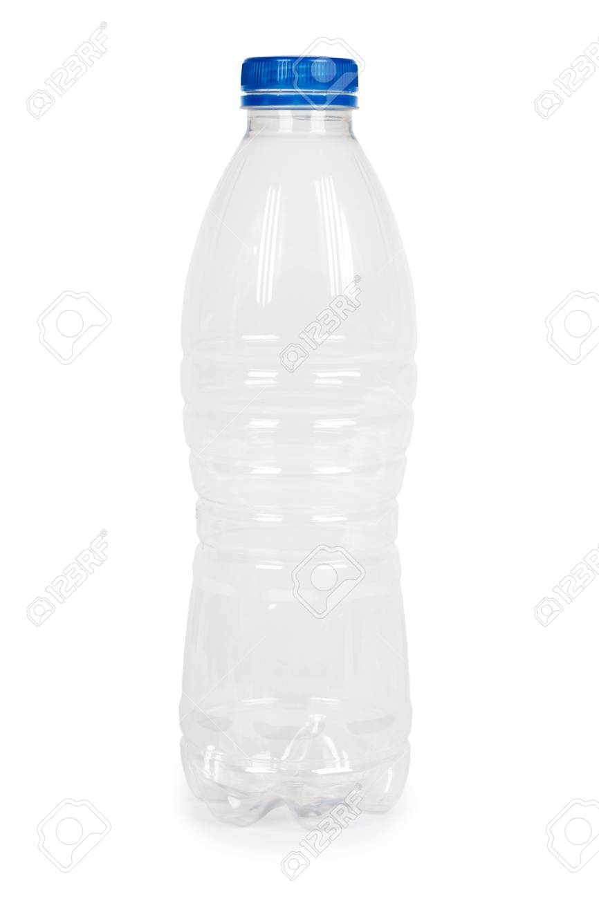 空の透明なペットボトル 白い背景 ブルーキャップ コンテナーテンプレートに分離 の写真素材 画像素材 Image