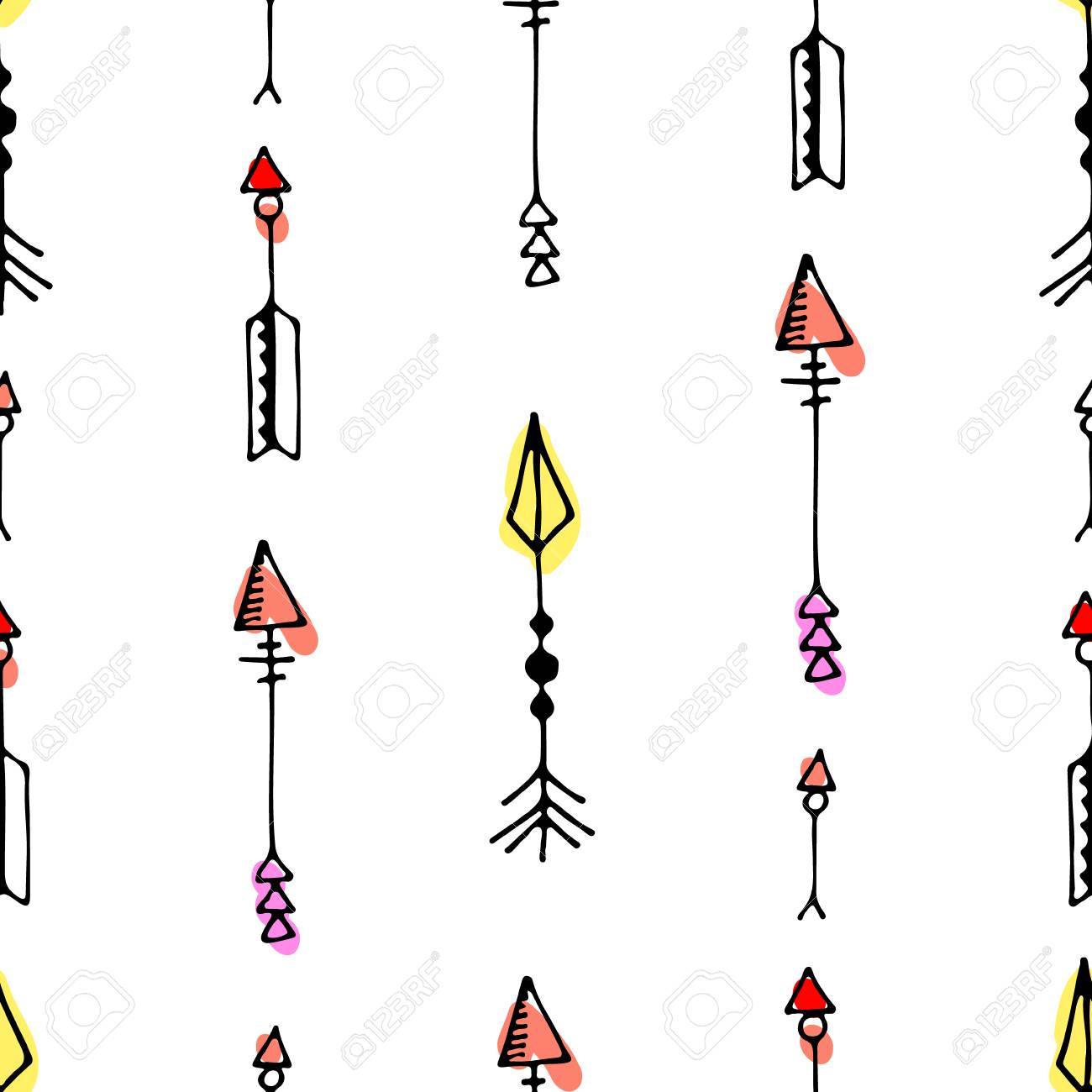 部族白い背景の上の黒い矢印のヴィンテージ シームレスなベクトル グラフィックのカラフルなパターン ネイティブ アメリカン スタイルです Web ページ パターンの塗りつぶし 壁紙 カード 繊維 手描き Sketch Doodle Red のイラスト素材 ベクタ Image