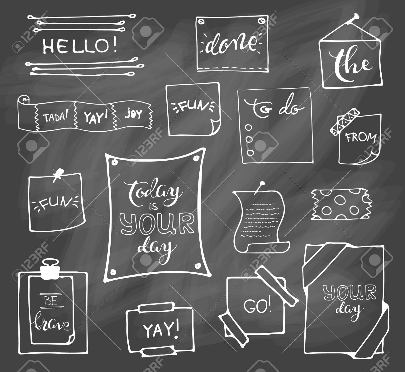 Esboco Desenhado De Mao De Vetor Definido No Fundo De Giz De Planejamento De Elementos Com Contorno Branco Seta Banner Palavra Lista Escova Caneta Figura Numero Nota Copa Caixa De Discurso Doodle