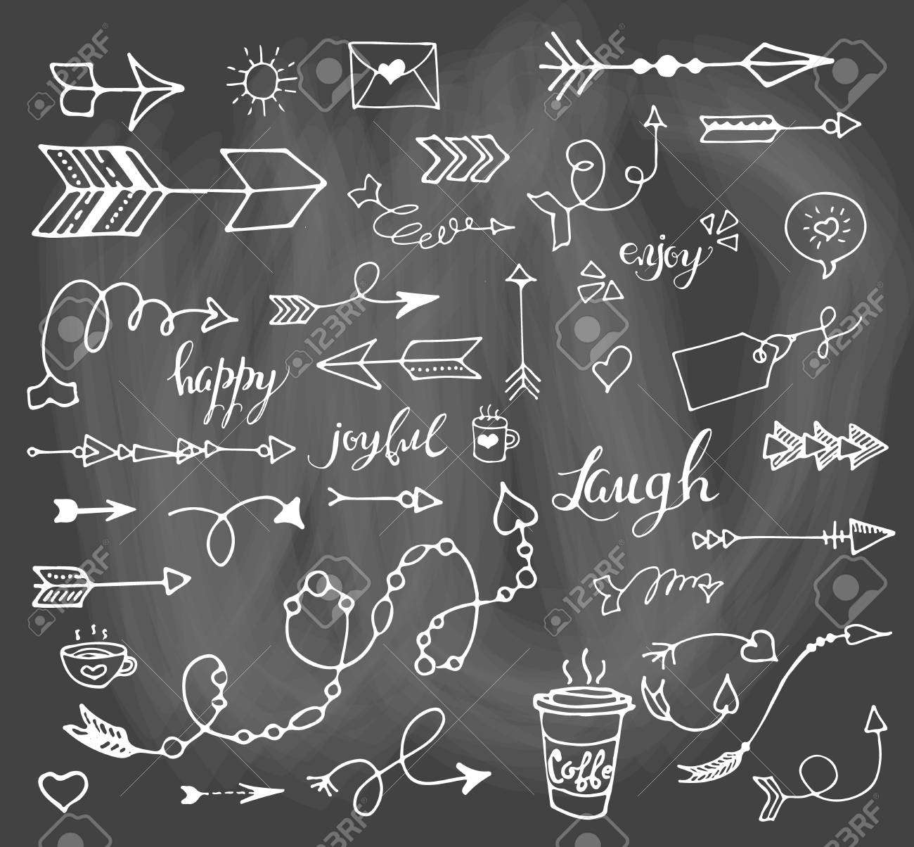 vector hand drawn set on grey chalk background of objects arrow