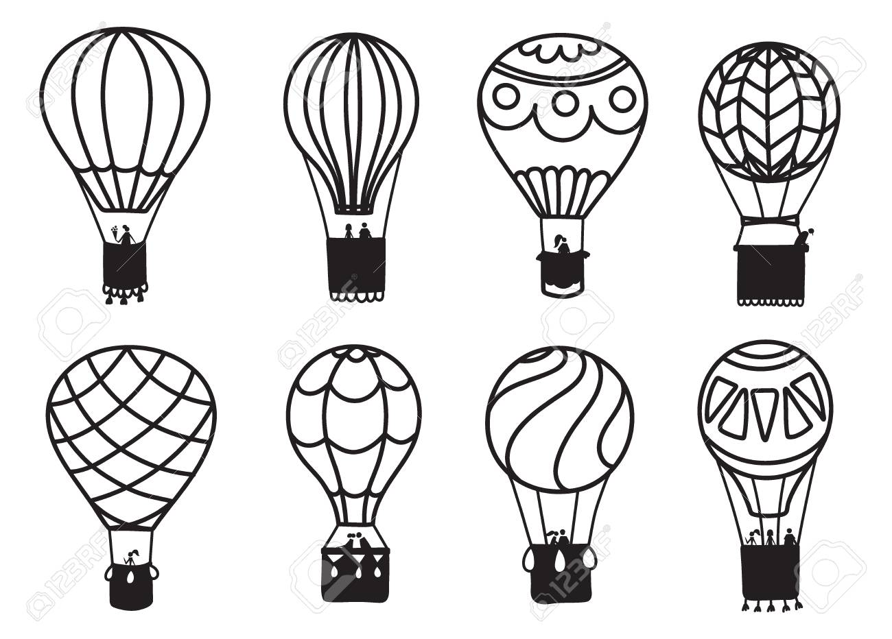 雲や鳥と空に熱気球の輪郭のベクトルイラストのセット 漫画の気球 の孤立したアイコンのコレクション プリント用手描き カード チラシ 織物 織物 ポスター のイラスト素材 ベクタ Image