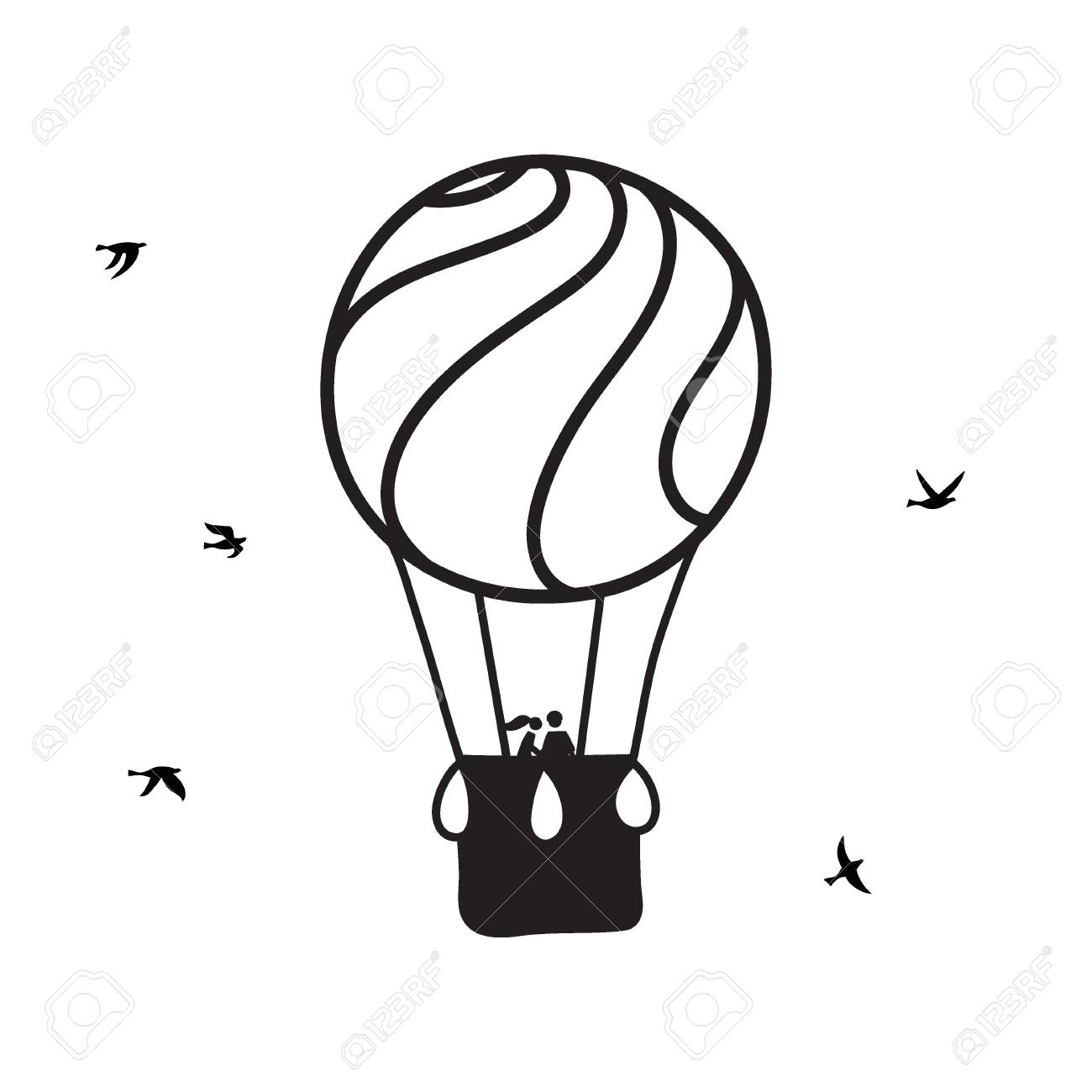 愛する熱気球の人々の輪郭のベクトルイラスト キスの乗客と漫画の気球の孤立したアイコン のイラスト素材 ベクタ Image