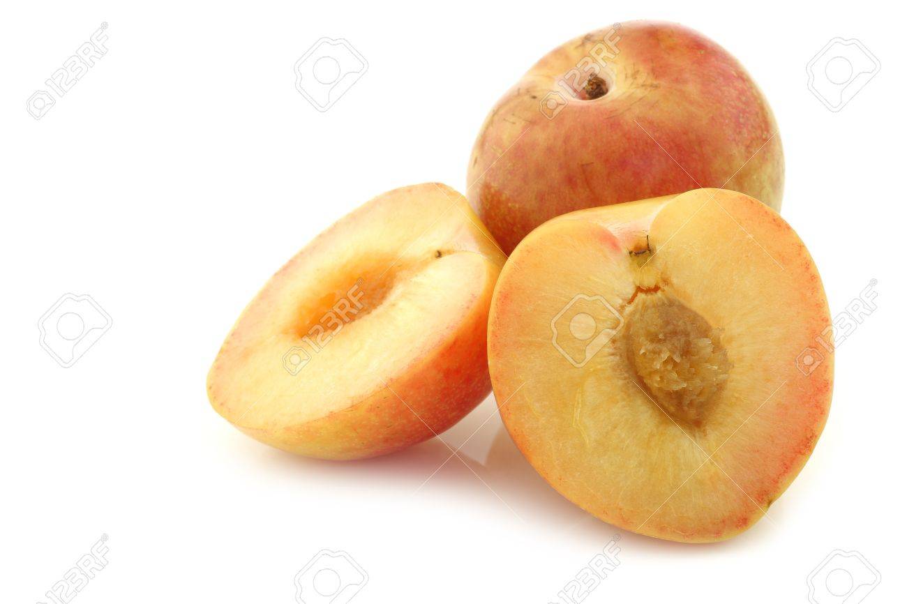 Fresh pluot Prunus salicina × armeniaca and a cut one on a white background A pluot is a cross between an apricot and a plum - 22033252