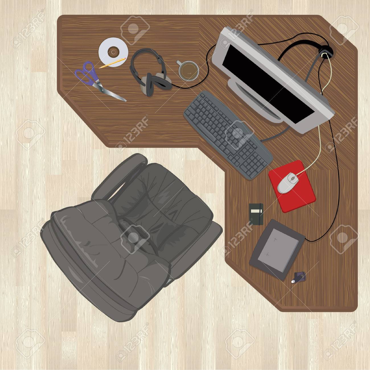 すべてのアイテムを簡単に削除または配置同一レイヤー上別にグループ化されます 木製のフロアー リングと机は自分の画層上です 線形グラデーションは 堅木張りの床といくつかの項目に使用されます のイラスト素材 ベクタ Image