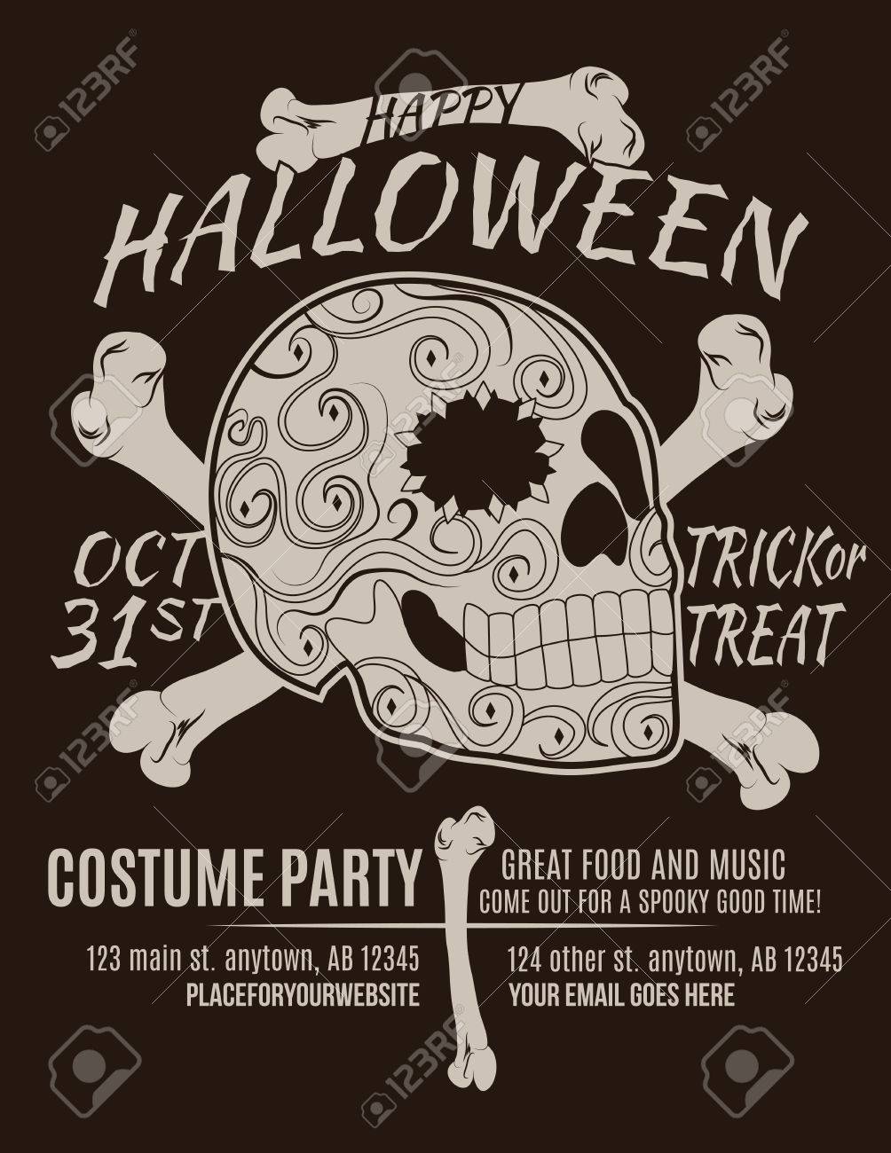 happy halloween party flyer with sugar skull and bones royalty free