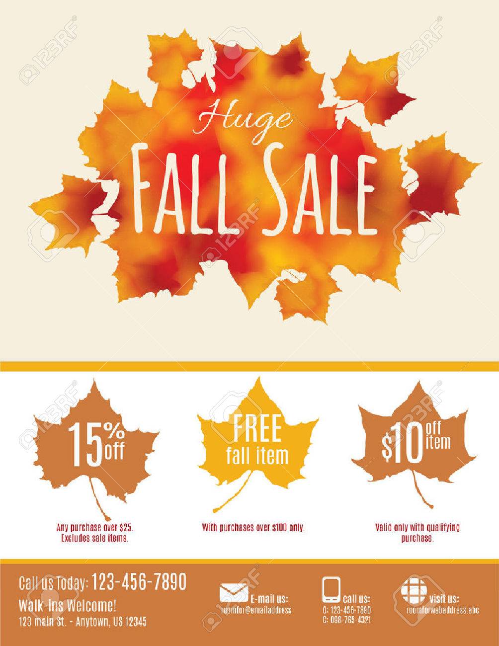 fall sale flyer with watercolor fall leaves royalty free cliparts