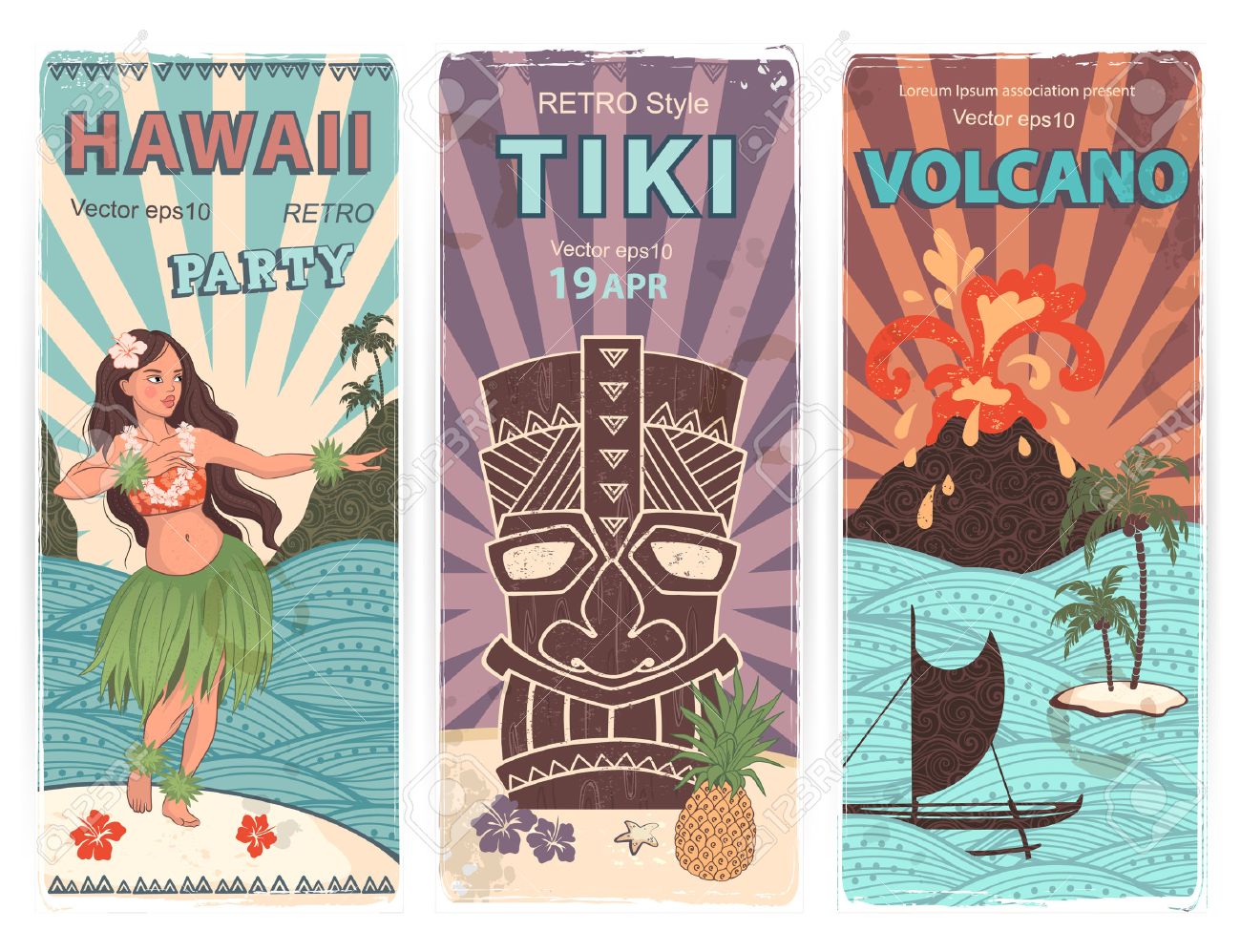 ハワイのシンボル バナーのベクトル レトロなセット のイラスト素材 ベクタ Image