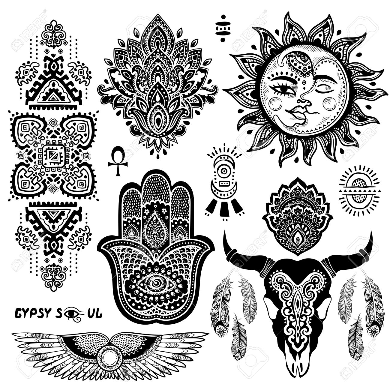 bohemian style vector flash tattoo symbols set royalty free cliparts