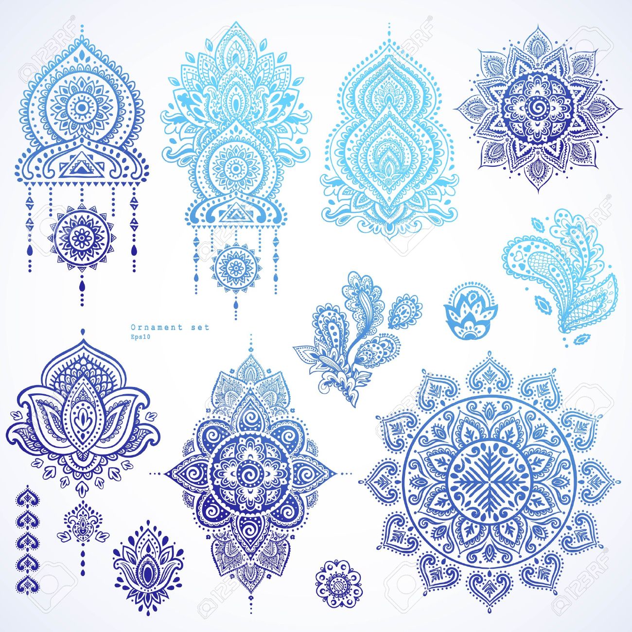Vector set of Indian floral paisley ornaments. Persian Ethnic Mandala lotus icon. Henna tattoo style banners could be used as greeting card, business card, phone case print, shirt print, coloring book - 66460163 Vector set of Indian floral paisley ornaments. Persian Ethnic Mandala lotus icon. Henna tattoo style banners could be used as greeting card, business card, phone case print, shirt print, coloring book - 66460163