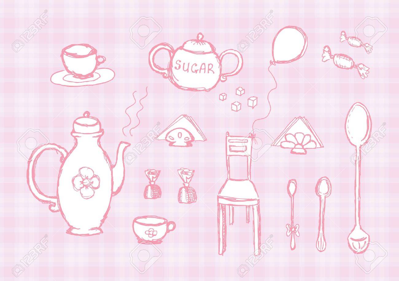 手描きのピンクのキッチン ツール セットのイラスト素材 ベクタ Image