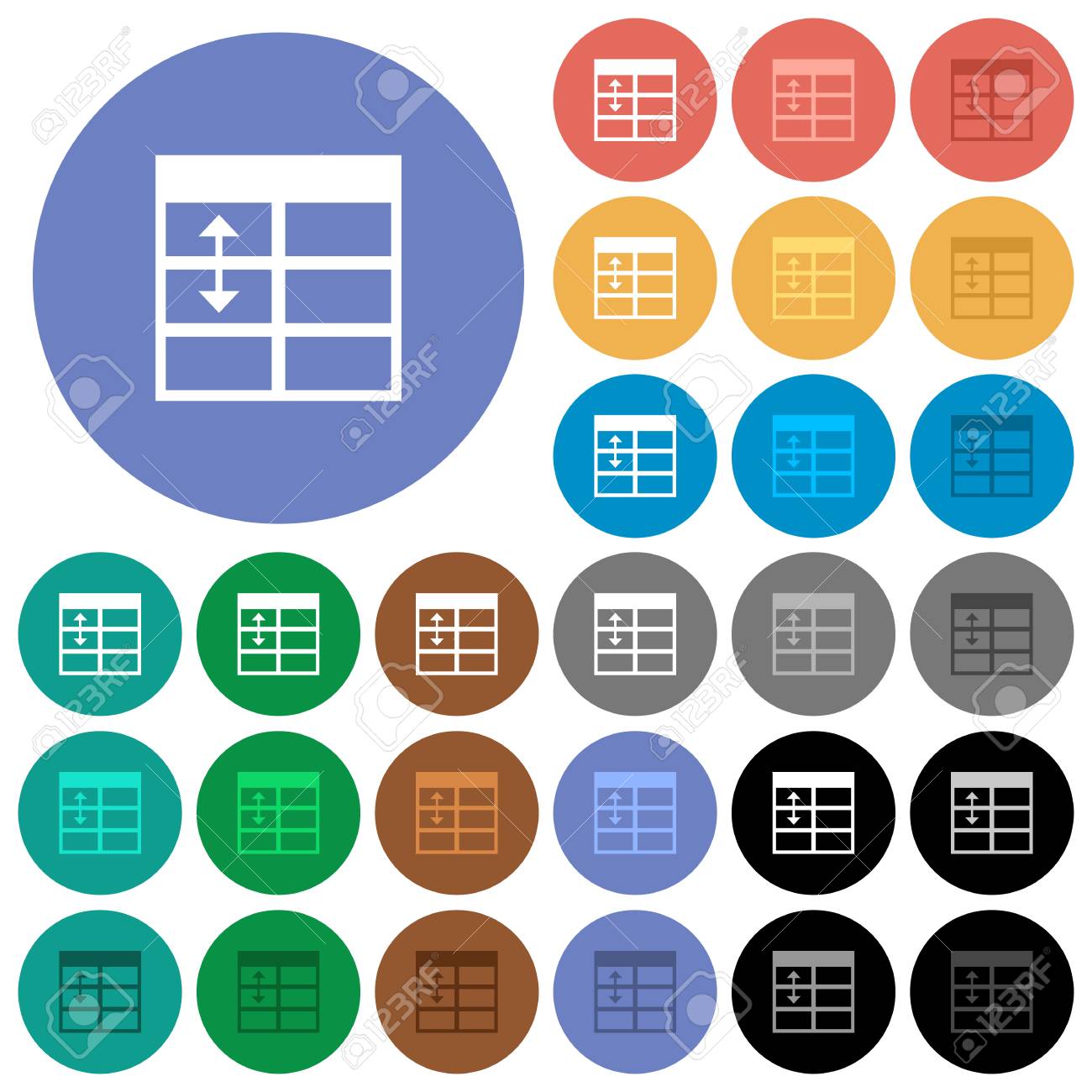スプレッドシートは 表行高さ複数のラウンドの背景にフラット アイコン の色を調整します ホバーとアクティブなステータス効果と黒背景にボーナス色合いの白 光と闇のアイコンのバリエーションが含まれています のイラスト素材 ベクタ Image