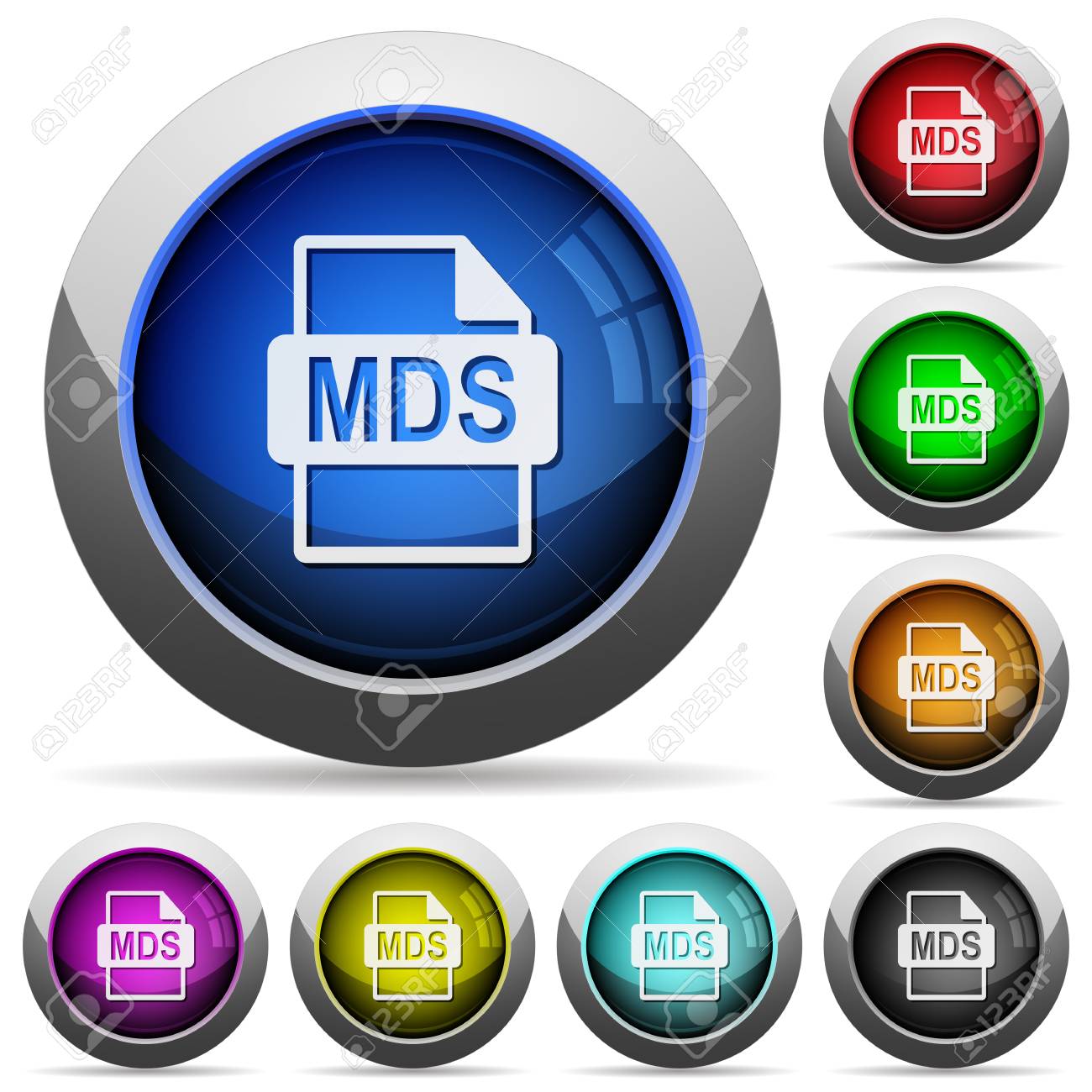 mds file format icons in round glossy buttons with steel frames mds file format