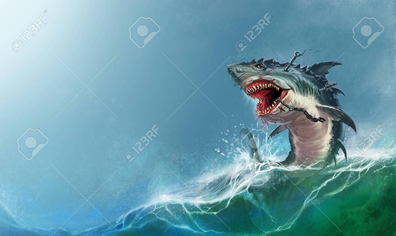 Big Monster Shark Jumping Out Of The Waves Realistic Illustration Stock Photo Picture And Royalty Free Image Image 137887772