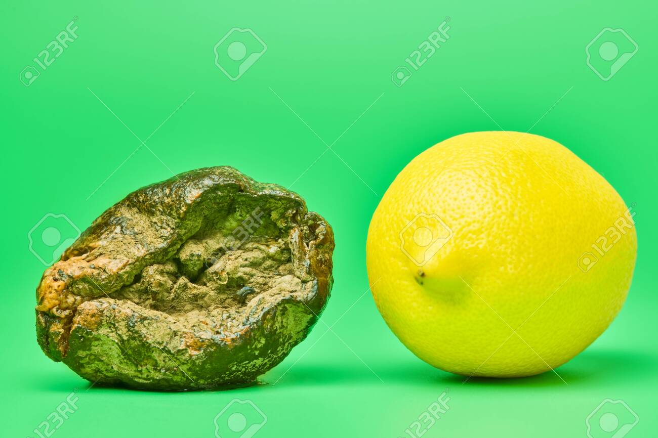 Rotten Lemon And Fresh Lemon Compare Green Background Mold Stock Photo Picture And Royalty Free Image Image