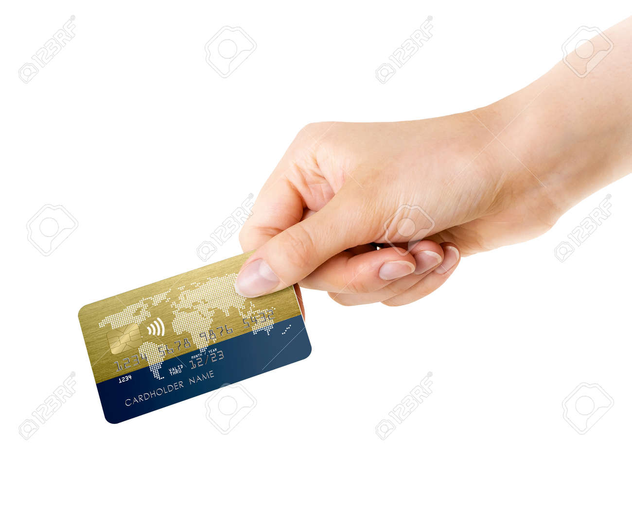 Womans hand holding gold blue bank card isolated on a white background - 170946837 Womans hand holding gold blue bank card isolated on a white background - 170946837