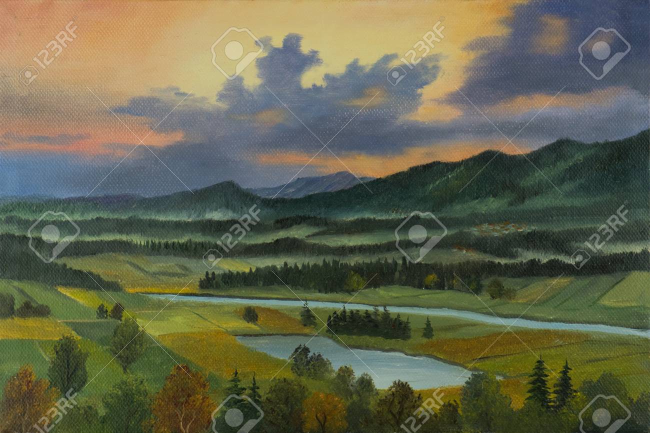 Oil Painting Of A Landscape With River And Lake At Dusk Stock Photo Picture And Royalty Free Image Image