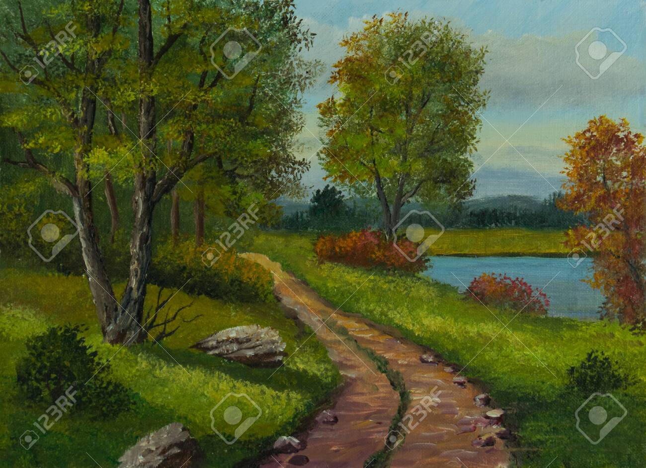 油絵 - 小さな湖の隣の森の端にある砂利道の写真素材・画像素材 Image
