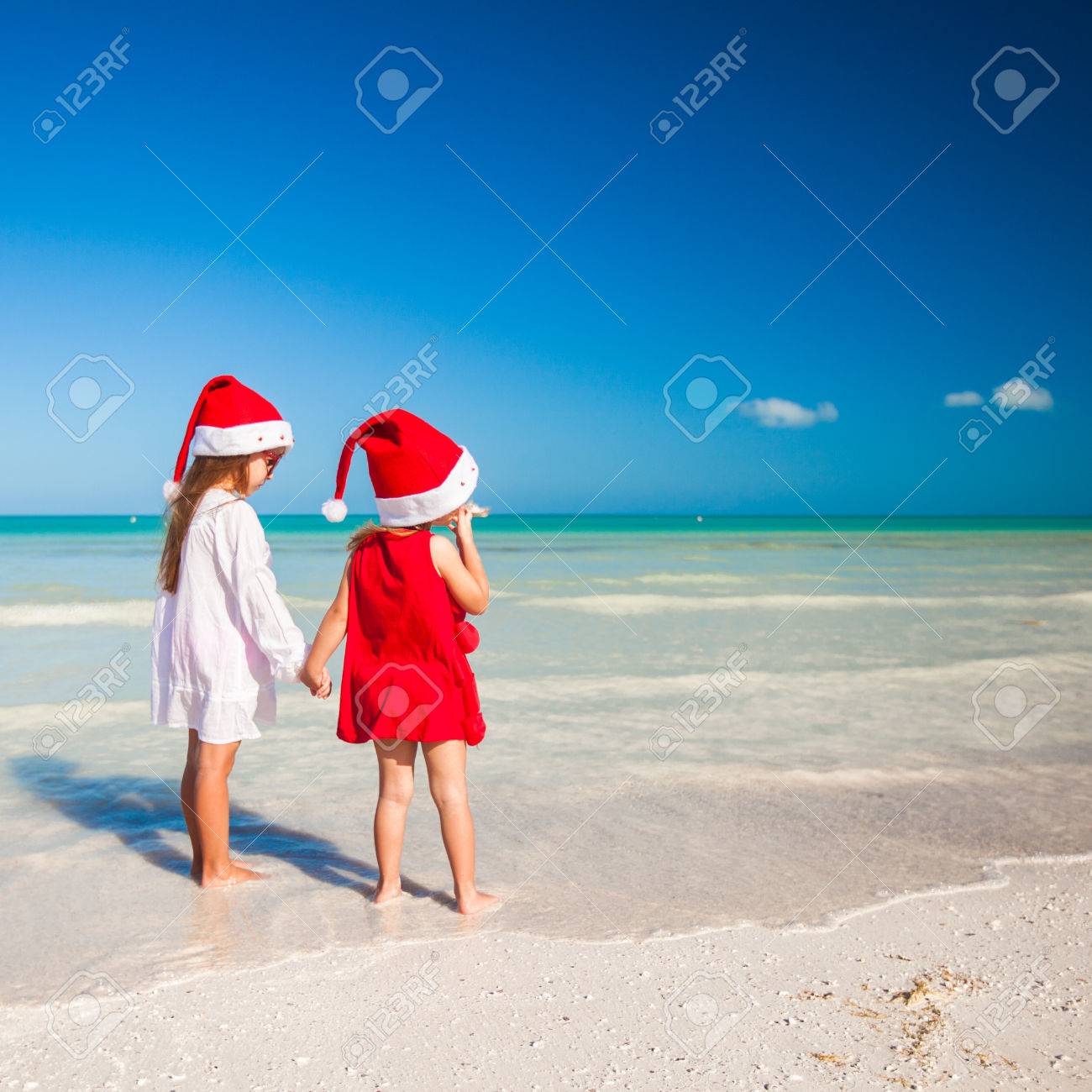 エキゾチックなビーチのクリスマス帽子でかわいい女の子の後姿 の写真素材 画像素材 Image