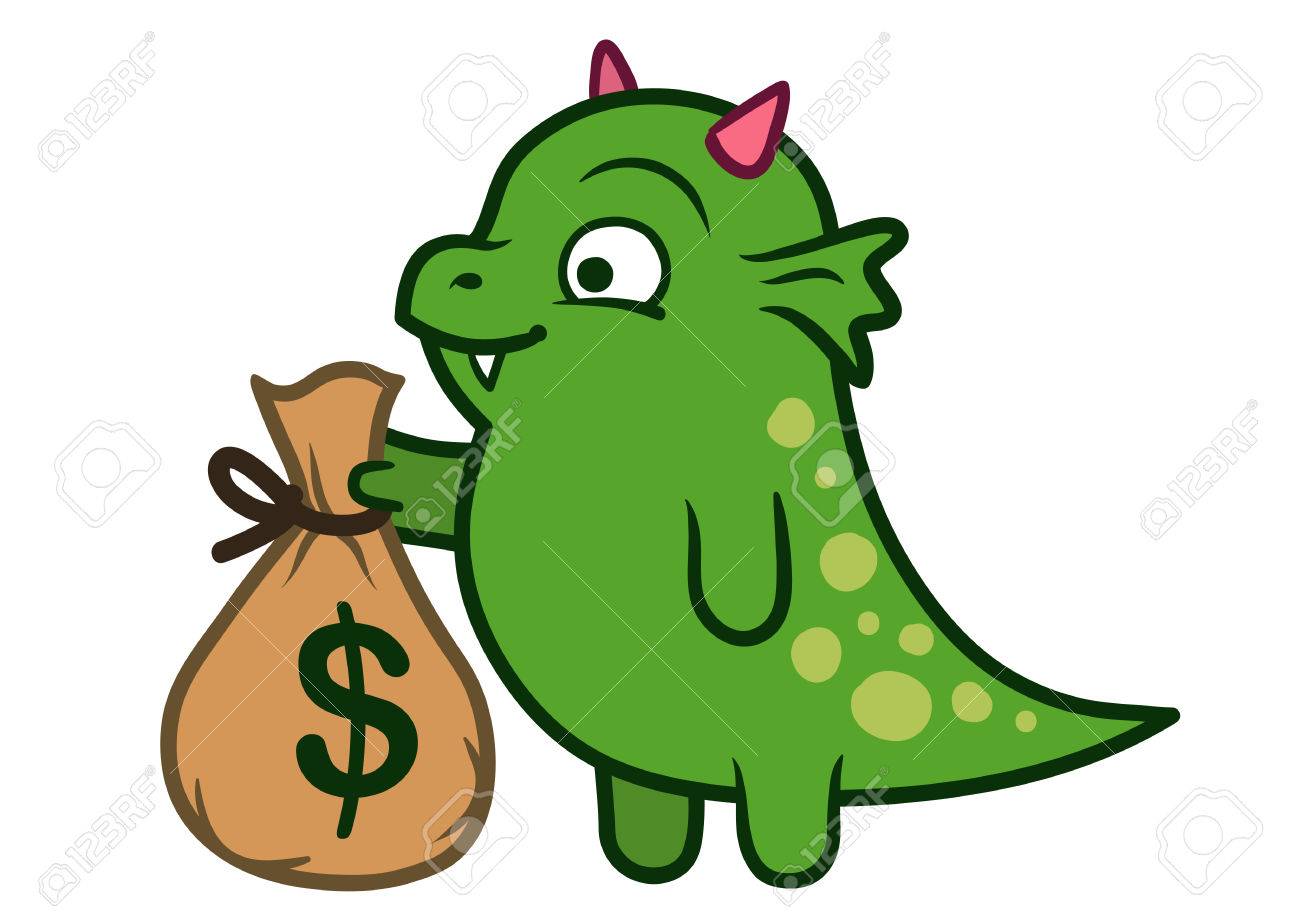 お金の袋を持ったドラゴン (Dragon with money bag 置物 Green Dragon on Gold Coins. Money Dragon Bringing Good Luck and