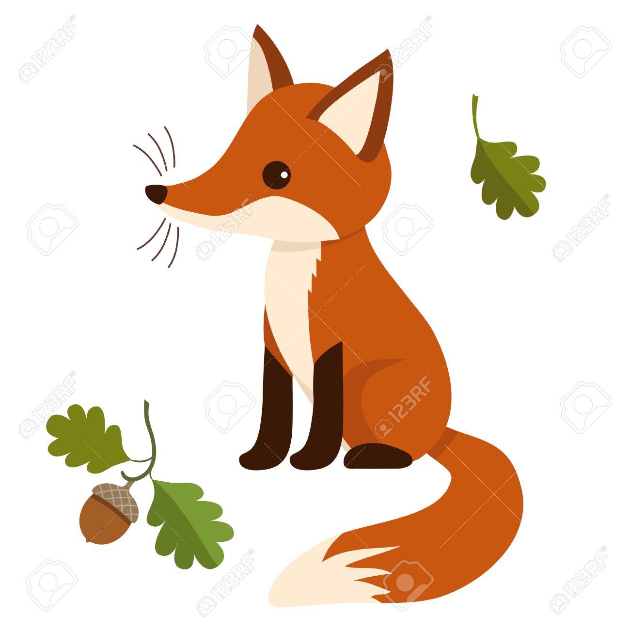 オークの葉とドングリの座っているかわいいキタキツネ カブのフラット ベクトル イラスト 印刷 カード 文房具の野生動物森テーマにした現代的なフラット紙カットアウト スタイル デザイン要素です のイラスト素材 ベクタ Image