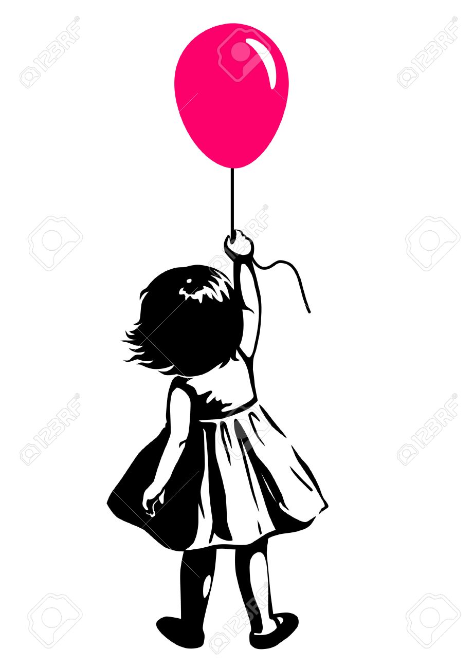 ベクトル ピンク赤い風船を手に立っている幼児の女の子の黒と白のシルエット イラストを手描き コンピューターの背面します 都市ストリート アート スタイル落書きステンシル アート デザイン要素です のイラスト素材 ベクタ Image