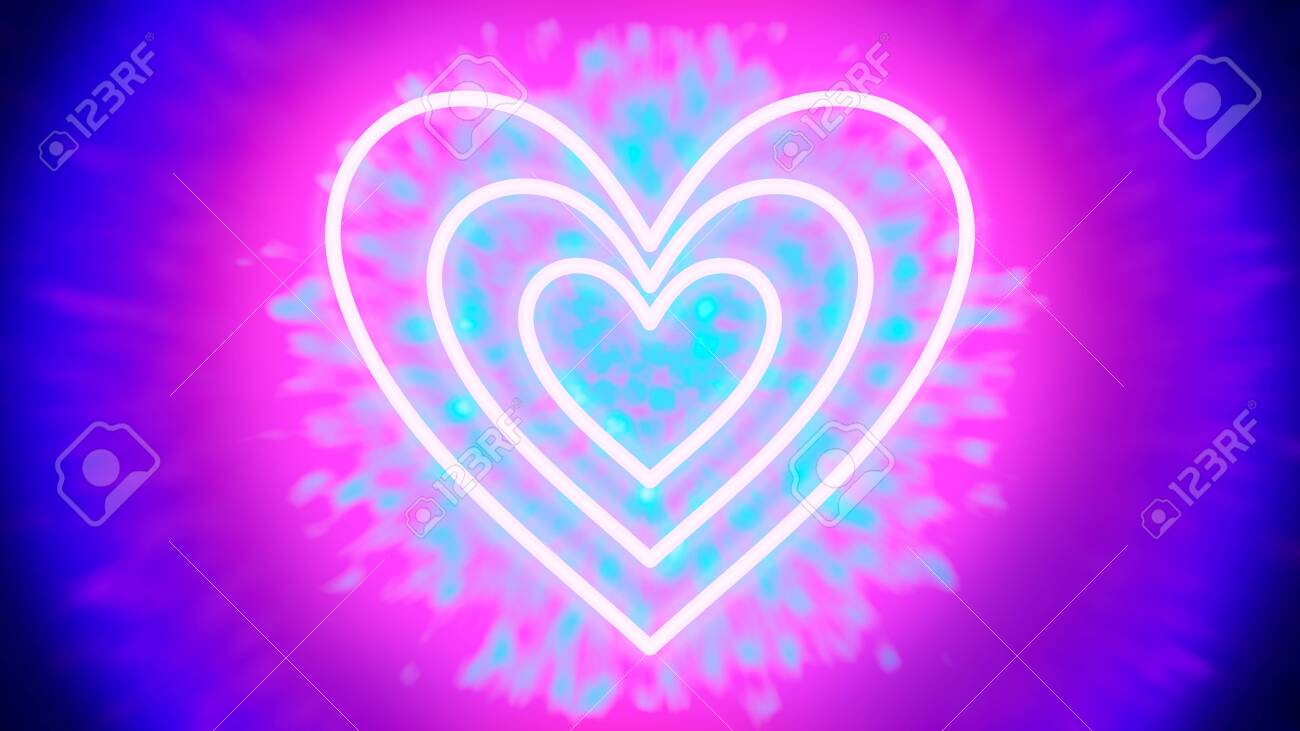Neon Love - three heart-shaped neon tube-like light objects, that are hovering in front of a tunnel of light-colored particles - digitally generated concept image - 130118886 Neon Love - three heart-shaped neon tube-like light objects, that are hovering in front of a tunnel of light-colored particles - digitally generated concept image - 130118886