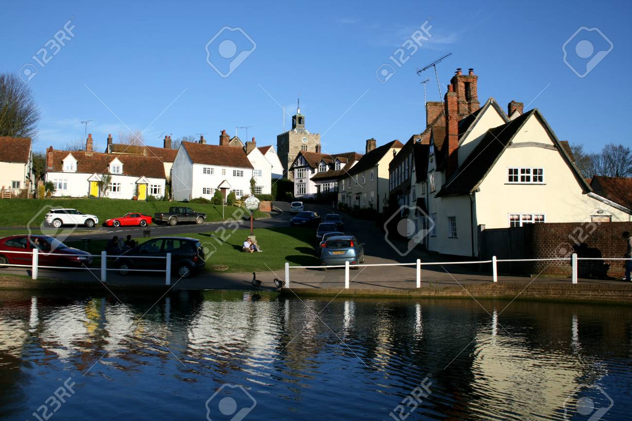 Houses And Pond Finchingfield Essex England Stock Photo