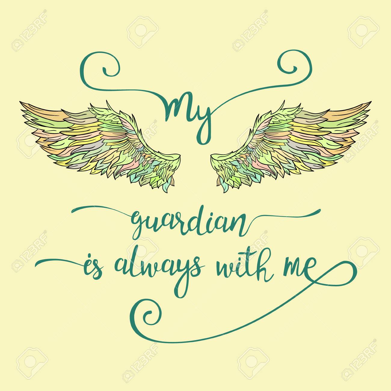 Lettrage Citation Dessines A La Main Avec Des Ailes D Ange Doodle Citation Inspirante De Calligraphie Mon Tuteur Est Toujours Avec Moi Clip Art Libres De Droits Vecteurs Et Illustration Image