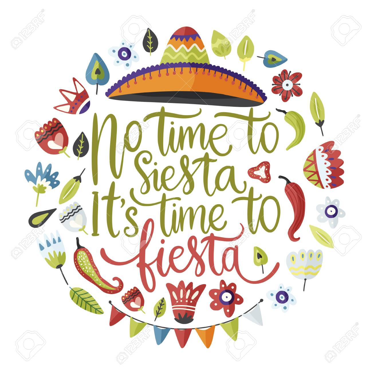 Cinco De Mayo Quote Cinco De Mayo Vector Flat Round Cartoon Card. Ornate Festive Mexican Floral  Illustration With Sombrero Hat And Lettering Text Quote - No Time To  Siesta, Its Time To Fiesta. Royalty Free Svg,