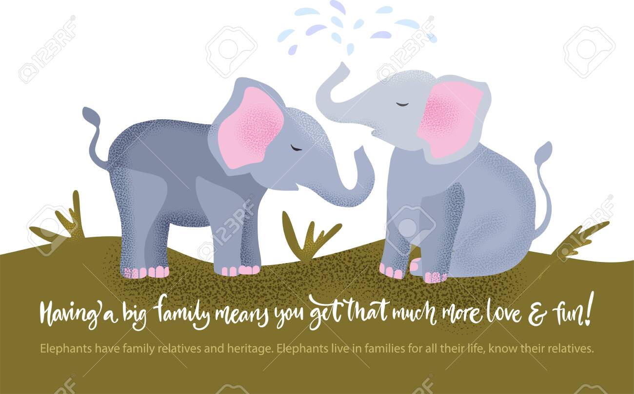 Happy Valentine Day Vector Textured Elephant Family Card In A Flat Style  With Quote And Real Facts About Love. Romantic Animal Couple Hand Drawn  Illustration. Royalty Free SVG, Cliparts, Vectors, and Stock, image size:1300x809