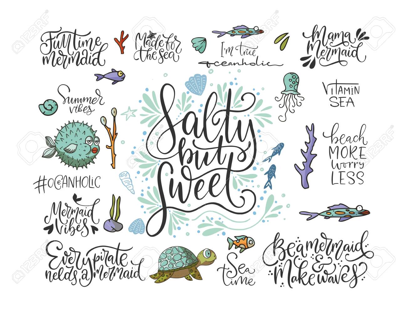 summer sea lettering big vector set ocean quotes and clip art collection perfect for t shirt card print design graphic nautical marine theme illustration salty but sweet royalty free cliparts vectors and