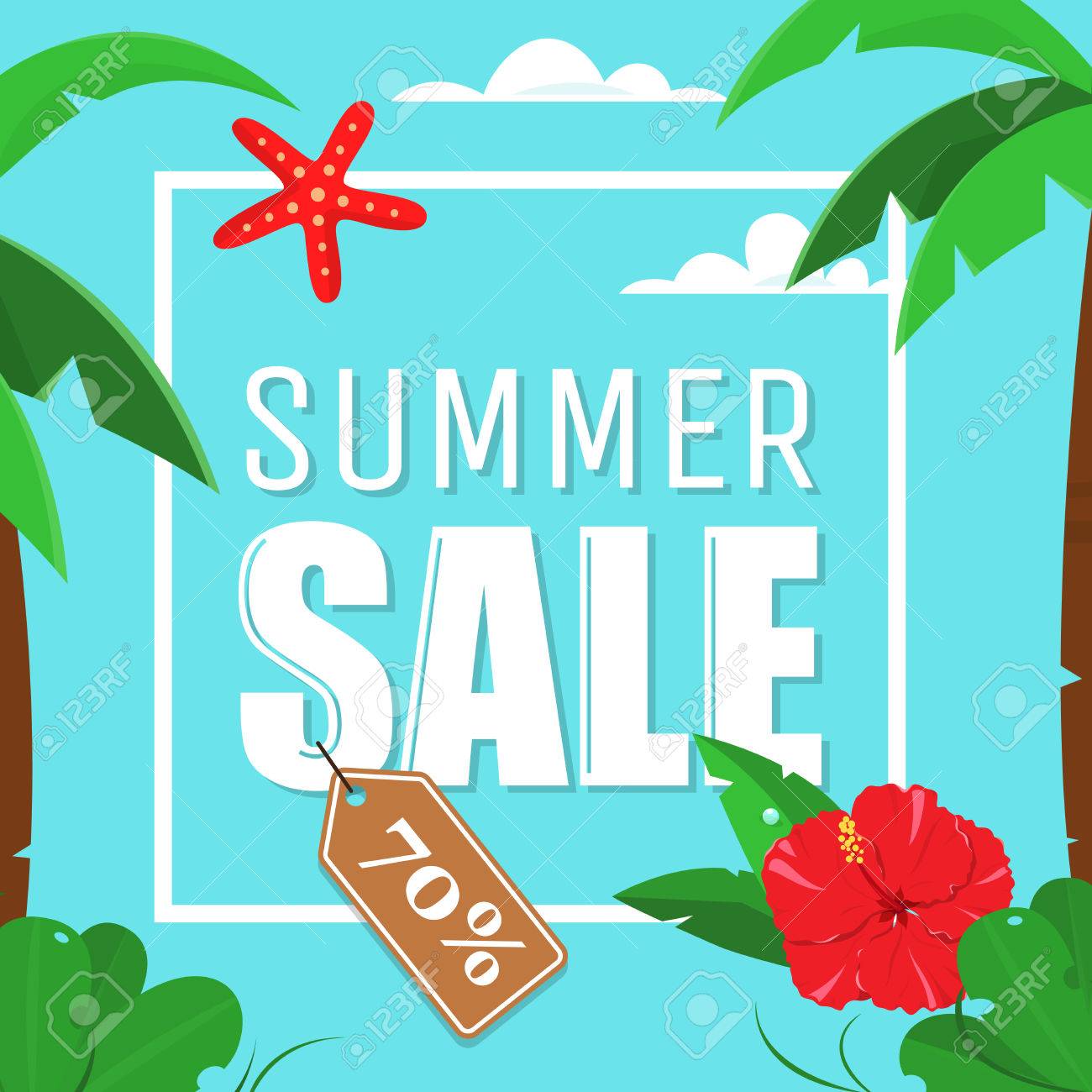 ヤシの木とハイビスカスの花 グラデーションと夏販売カード 夏 青い空を背景にポスターを販売 のイラスト素材 ベクタ Image
