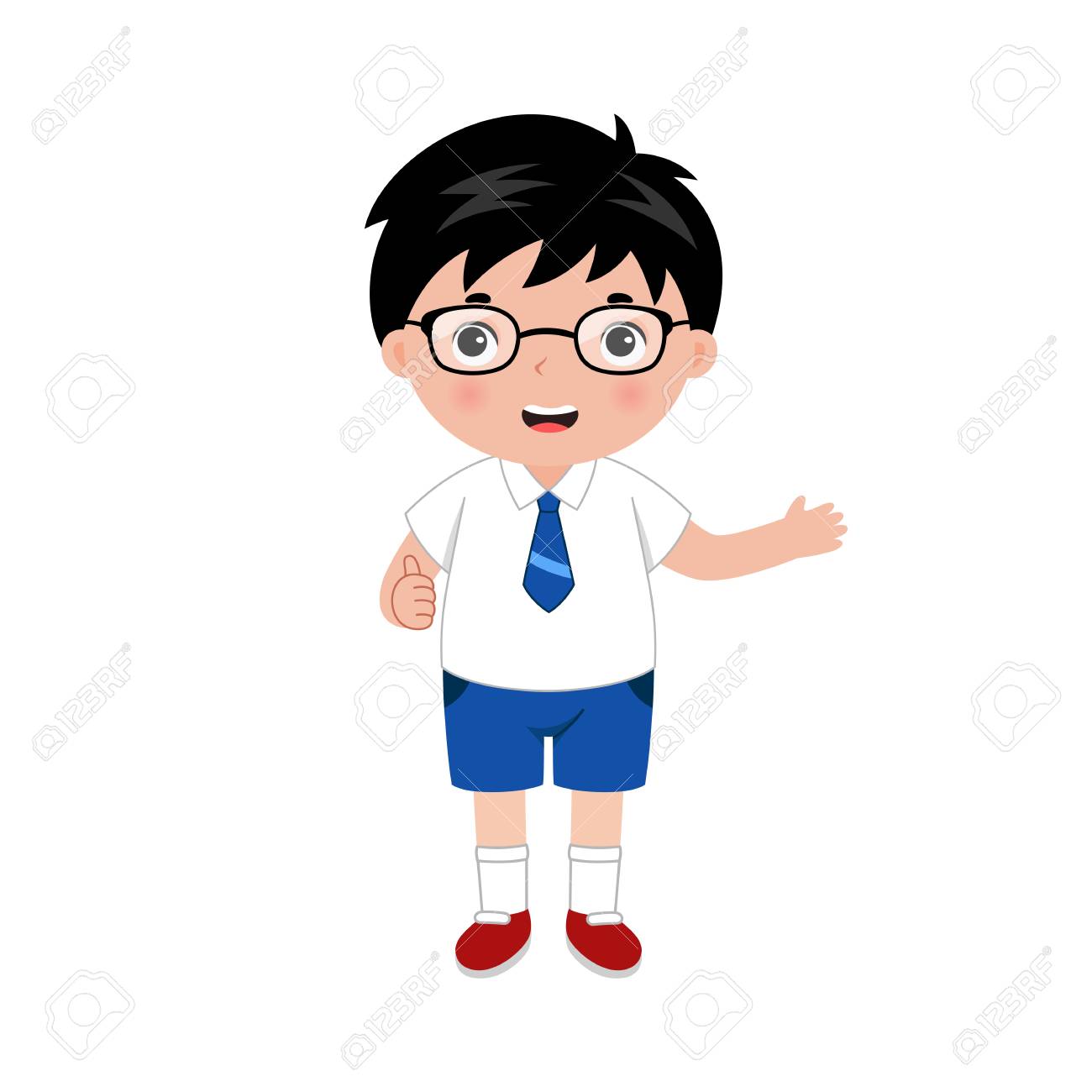 Little Smiling Boy With Eyeglasses In School Uniform. One Hand With Thumbs  Up And Another Showing On Something. Vector Illustration. Royalty Free SVG,  Cliparts, Vectors, and Stock Illustration. Image 111502244., image size:1300x1300