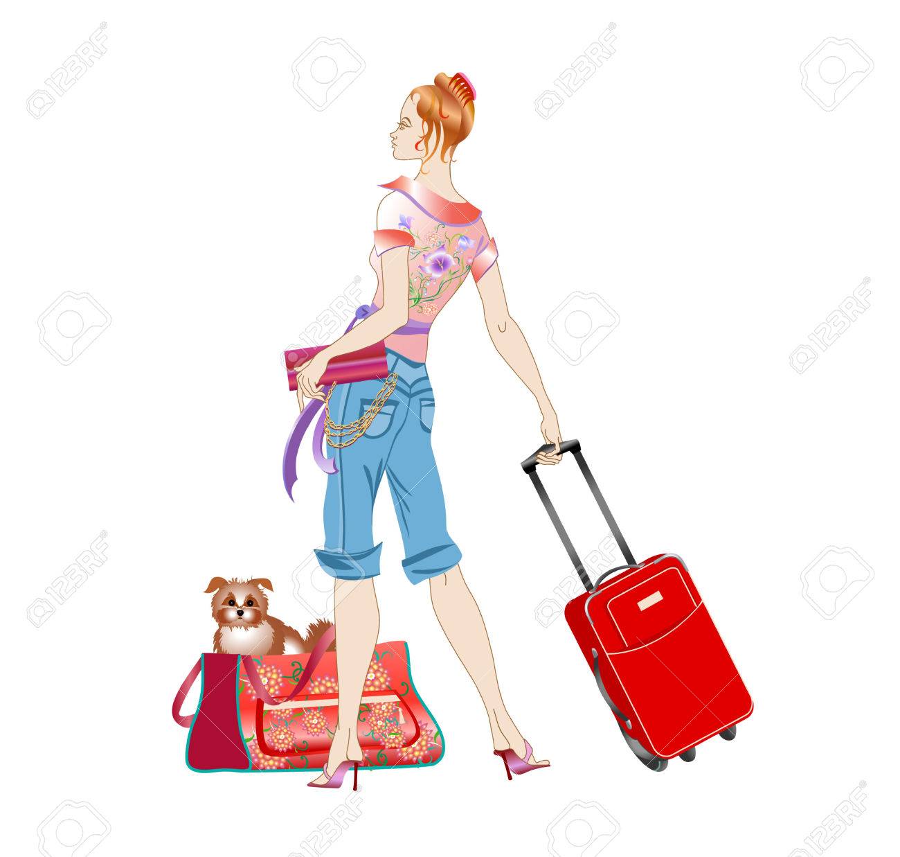 若い女性は犬と彼女の旅行中にスーツケースを持ってのベクトル イラスト のイラスト素材 ベクタ Image