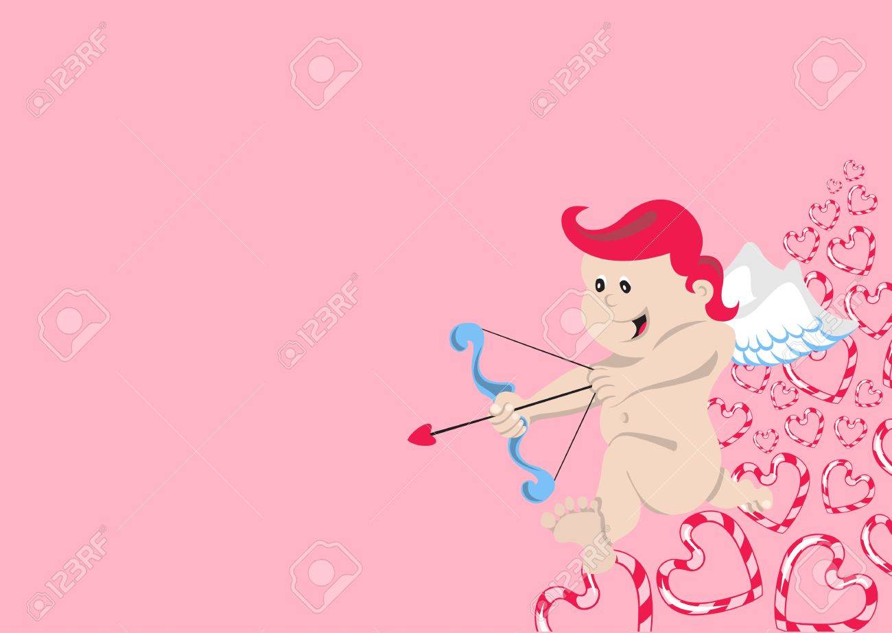 赤い背景の上の天使のイラスト 弓と矢とキューピッド の写真素材
